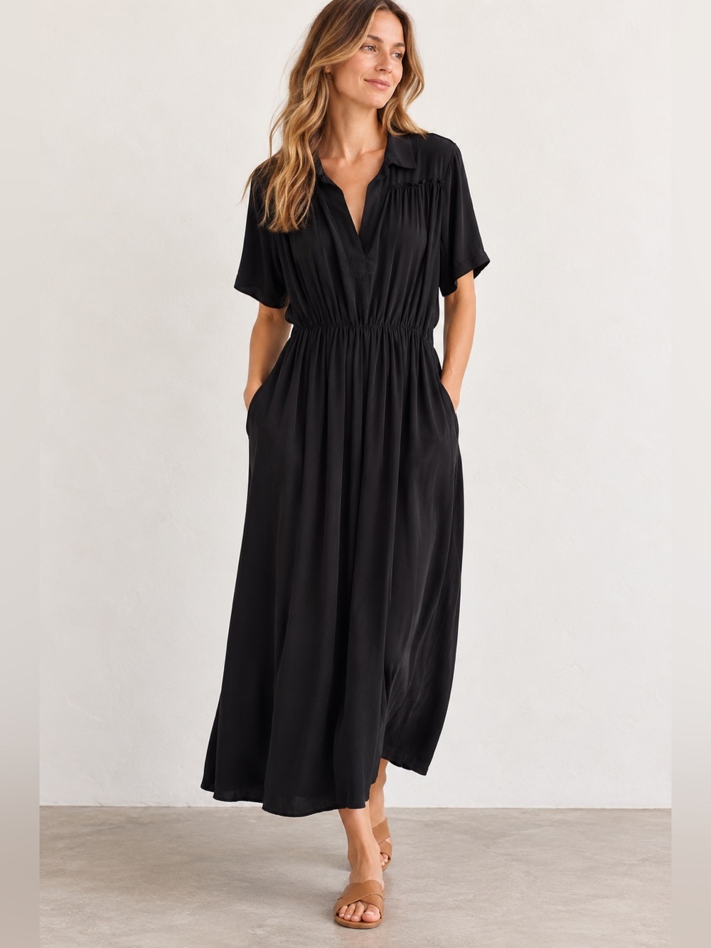 Rachel Comey 100% Silk Short Sleeve V-Neck Midi Shirt Dress XS Black Minimalist